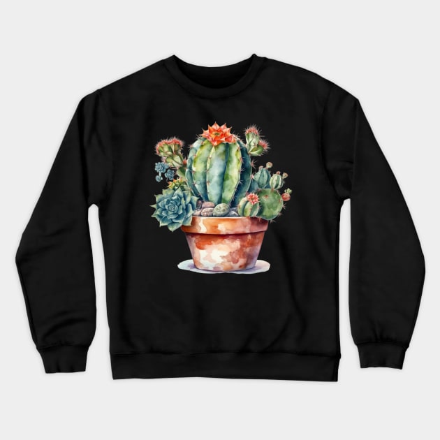 Watercolor Flowering Cactus Succulent Garden Crewneck Sweatshirt by AI Art Originals